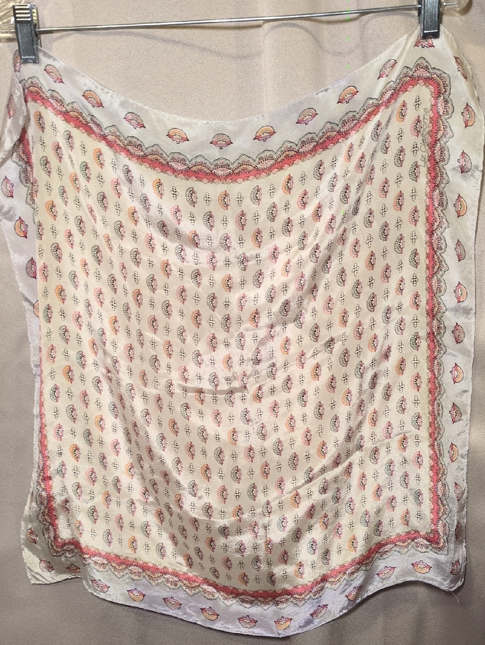 Silk Liz Claiborne Vintage Ivory Floral Fan Silk Scarf - Pink & Peach Accents